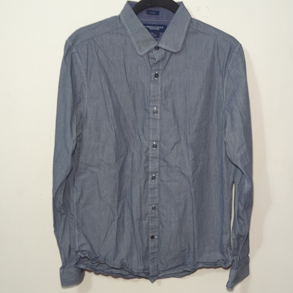 American Eagle Slim Fit Button-Up Shirt Blue White Striped Cotton Men's Size M